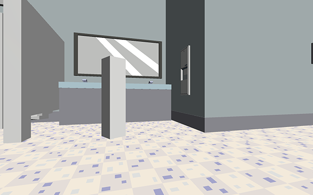 3D still of a white rectangle in front of a sink in a bathroom